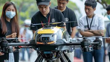 A group of people looking at a drone video