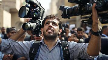 A man holding up a camera in front of a crowd video