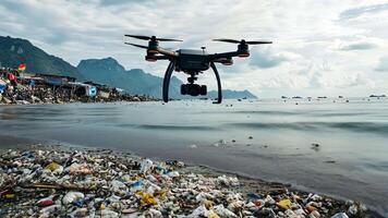 A drone flies over a beach with garbage and people video