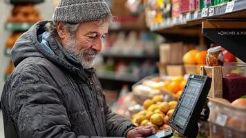 A man in a winter coat is using a tablet computer video