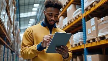 A man in a warehouse is using a tablet video