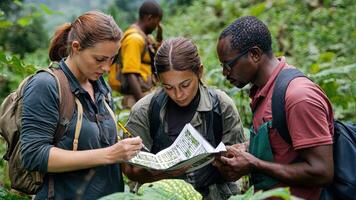 Three people in the jungle looking at a map video