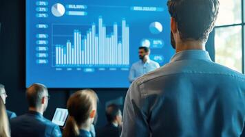 A man in a business suit is giving a presentation to a group of people video