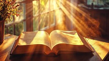 An open bible on a table in front of a window video