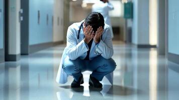 A man in a lab coat kneeling down in a hallway video