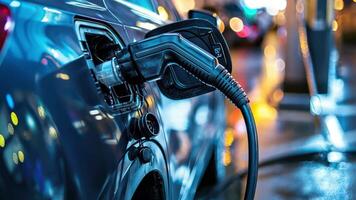 A close up of a car charging at night video