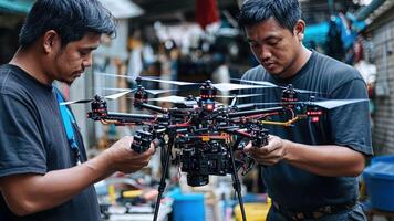 Two men working on a large drone in a workshop video