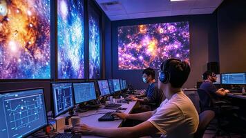 A group of people working on computers in a room with a galaxy image on the wall video