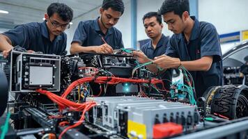 Three men working on a car in a factory video