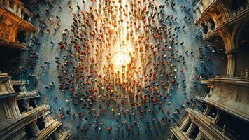 A large crowd of people in a building with a light shining through it video