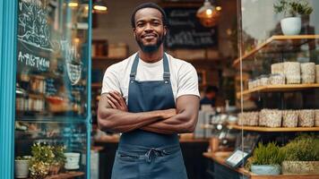 A smiling black man standing in front of a store video