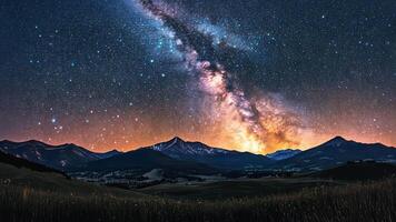 The milky way over mountains and grassy fields video
