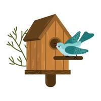 Birdhouse with a bird.Isolated illustration of a birdhouse with a cute bird and budding flowers on a white background, whimsical and inviting, symbolizing spring. vector