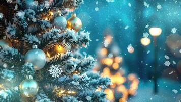 A christmas tree with snow falling on it video