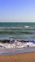 Turquoise ocean waves crash against a deserted sandy beach under a clear blue sky. The scene captures the essence of a peaceful, sunny day in a tropical paradise video