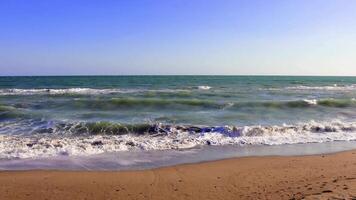 Turquoise ocean waves crash against a deserted sandy beach under a clear blue sky. The scene captures the essence of a peaceful, sunny day in a tropical paradise video