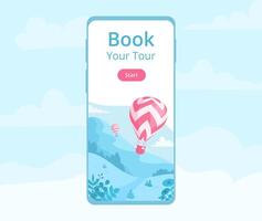 Hot air balloon mobile app template illustration. Landing page for online book mobile application with red hot air balloon, landscape with mountain and cloudy sky for travel adventure booking website vector