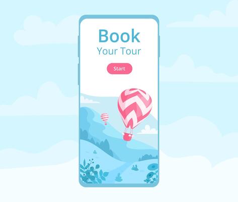 Hot air balloon mobile app template illustration. Landing page for online book mobile application with red hot air balloon, landscape with mountain and cloudy sky for travel adventure booking website