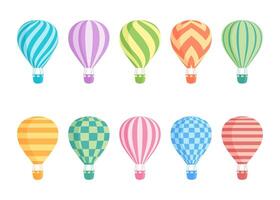 Hot air balloon isolated colorful set. Collection of colourful balloons with patterns zig zags, wavy lines, striped or checkered with basket and hot air in retro style for flight concept design vector