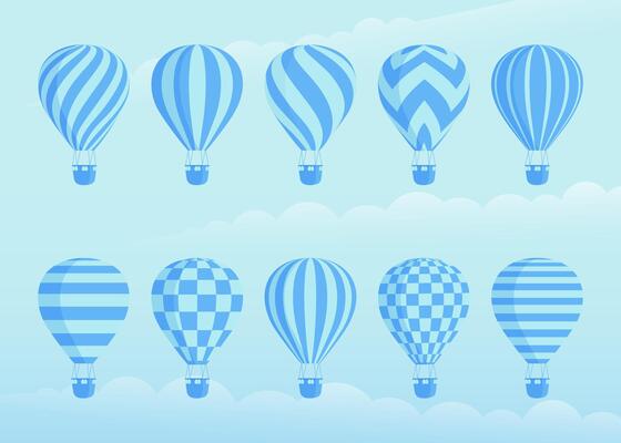 Collection of duotone hot air balloons. Zig zags, wavy lines, striped or checkered patterns on vintage style hot air balloon with basket at cloud background for sky holiday adventure design