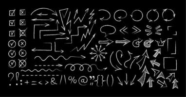 Sketchy arrow chalk style set illustration. Group of chalked arrows and checkboxes, chalk marker style symbols for hand drawn diagrams, mind maps and communication highlight drawings vector