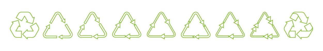 Triangle arrows recycle icons set illustration. Contour arrow reuse process or lyfecycle symbols in triangle shape for enviromental presentation or eco friendly services website vector