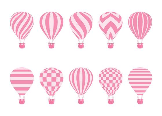 Hot air balloon isolated monochrome set. Collection of balloons with patterns zig zags, wavy lines, striped or checkered with basket and hot air in retro style for flight concept design