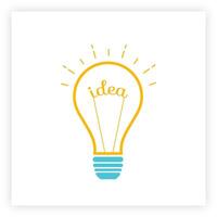 Lightbulb creative idea and brainstorm concept illustration. Innovation think process graphic with orange outline and blue silhouette bulb with light and word Idea inside it. vector