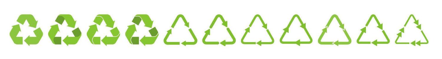 Recycle triangle arrow symbols set illustration. Green solid pictograms of reuse or recycling process, arrow cycle in triangle shape isolated on white background for enviromental infographic vector