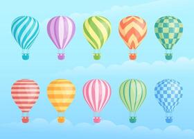 Collection of colorful hot air balloons. Zig zags, wavy lines, striped or checkered patterns on vintage style hot air balloon with basket at cloud background for sky holiday adventure design vector