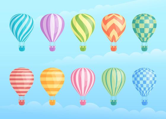 Collection of colorful hot air balloons. Zig zags, wavy lines, striped or checkered patterns on vintage style hot air balloon with basket at cloud background for sky holiday adventure design