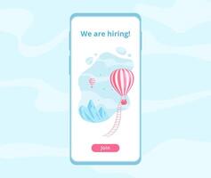 Hiring worker message mobile app template illustration. Red hot air balloon with ladder and blue mountain landscape at mobile application phone screen for employment offer. vector