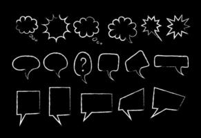 Speech bubble chalk marker set illustration. White color chalked collection, hand drawn rectangle and round clouds with chalk style lines for social media talk or message scribble vector