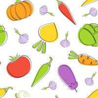 Seamless vegetable pattern flat food illustration. Natural colors pattern design with tomato and pepper, eggplant and carrot, pumpkin and garlic autumn harvest vegetable seamless texture. vector