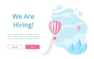 Hot air balloon and hiring message landing page vector
