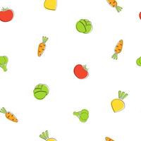 Season vegetable seamless background flat illustration. Fresh food background in natural colors with small carrot, tomato and cabbage, turnip and broccoli vegetable seamless element vector