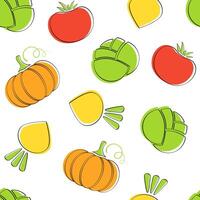 Vegetable seamless pattern flat illustration. Natural food pattern design with line pumpkin, tomato and cabbage, turnip vegetable seamless texture in bright colors for healthy vegetarian menu vector