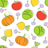 Season vegetable seamless pattern flat illustration. Natural colors food pattern design with pumpkin and cabbage, tomato, garlic and turnip vegetable seamless texture for healthy diet decor vector