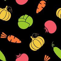 Outline seamless vegetable background flat illustration. Modern seamless texture black background design with carrot and cabbage, tomato and pumpkin silhouette vegetable in natural colors vector