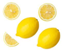 Top view set of fresh ripe yellow lemon fruits with halves and slices or quarters isolated on white background with clipping path photo