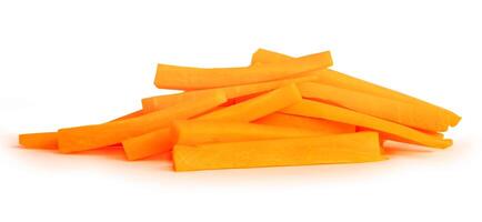 Side view of orange carrot slices in stick shape in stack isolated on white background with clipping path photo
