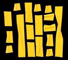 Top view set of wrinkled or crumpled yellow adhesive vinyl tape or cloth tape in stripes shape isolated on black background with clipping path photo