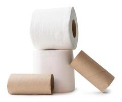 Two rolls of white tissue paper or toilet paper with cores or tubes in stack isolated on white background with clipping path photo