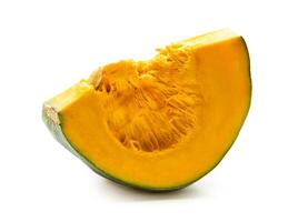 Side view of fresh green japanese pumpkin slice or piece isolated on white background with clipping path photo