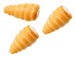 Top view set of puff pastry cream horns isolated on white background with clipping path photo