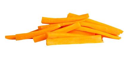 Side view of orange carrot slices in stick shape in stack isolated on white background with clipping path photo