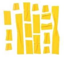 Top view set of wrinkled or crumpled yellow adhesive vinyl tape or cloth tape in stripes shape isolated on white background with clipping path photo