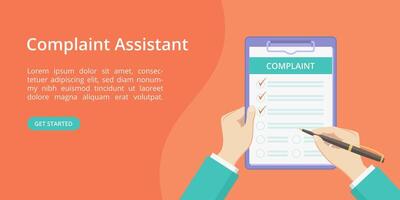 Complaint form on clipboard with hands landing page concept. Online assistant service website page concept, check list with complaint survey. Red landing illustration with hand and clipboard vector