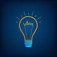 Lightbulb creative idea and brainstorm concept illustration. Innovation think process graphic with orange outline and blue silhouette bulb with light, word Idea and technology background vector