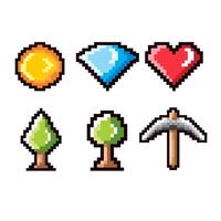cartoon pixels, mining tools, hearts, coins and trees. vector